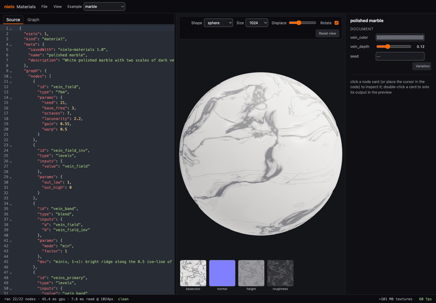 Nielo Materials with the source document beside a live marble preview